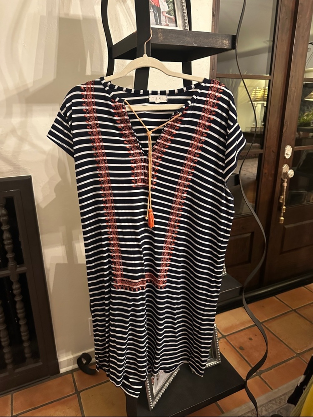 Striped Navy and White Embroidered Tunic Dress with Coral Accents